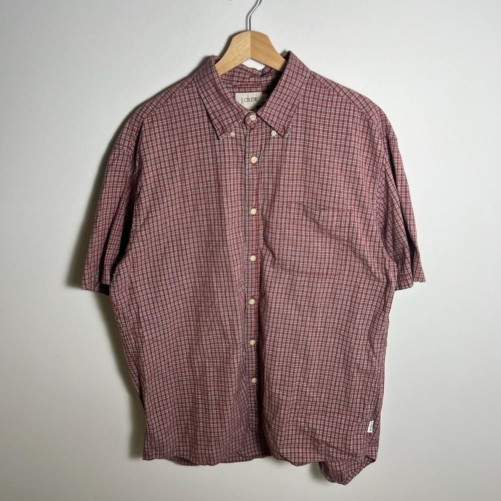 J Crew Shirt Mens Large Red Plaid Short Sleeve Button Down Cotton Casual Pocket